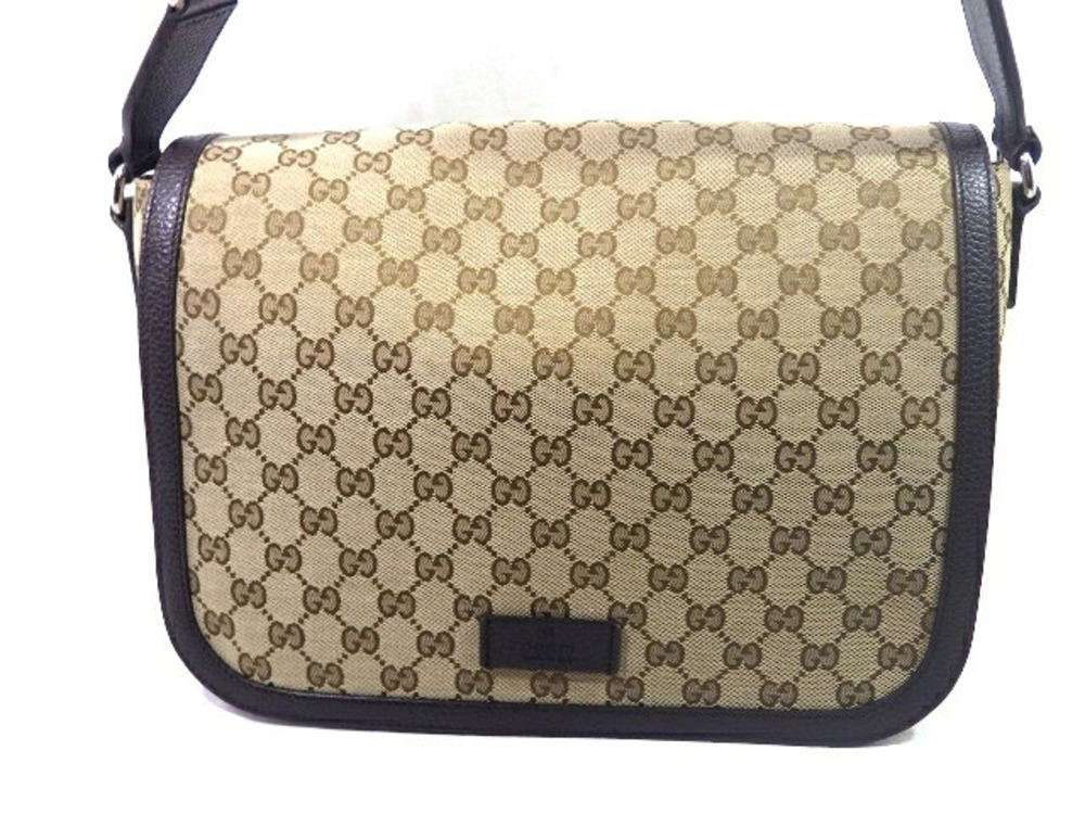 Gucci GG Canvas Leather Messenger Bag Shoulder Beige Cream Brown